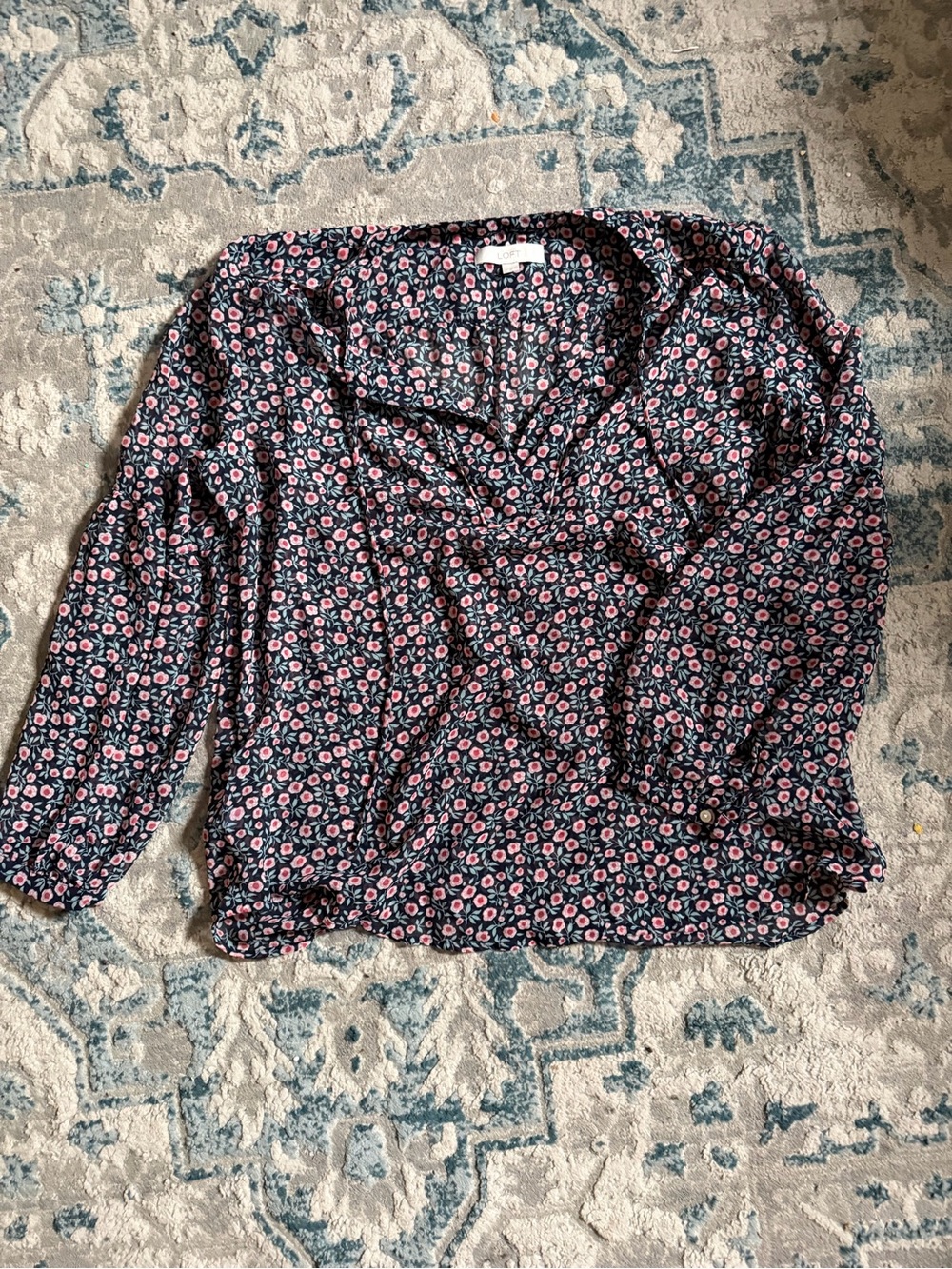 LOFT Black Long Sleeve V-Neck Top with Pink Floral Print